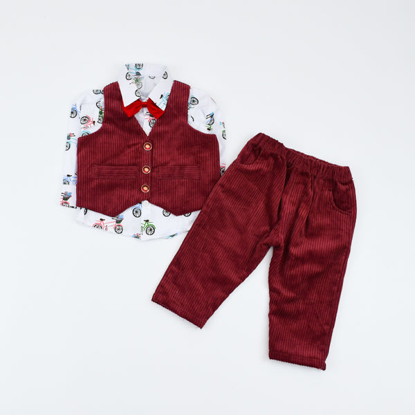 Bow Tie Printed Shirt Pants Waistcoat 3 Piece Boys Dress