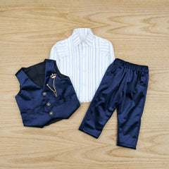 3 Piece Stripes Shirt Velvet Pants Waistcoat Dress