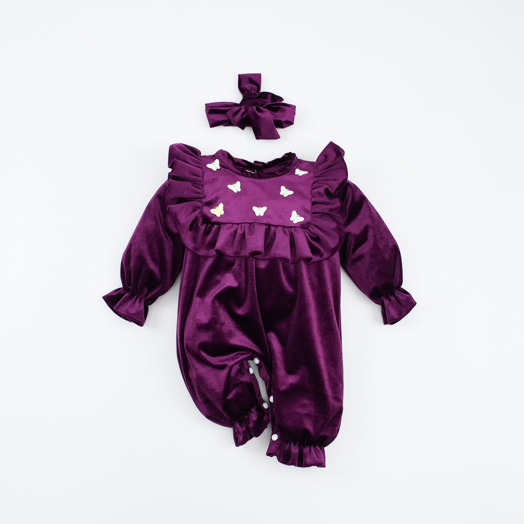 Baby Girl Velvet Jumpsuits Infant Newborn Frilled Butterfly Decorated Romper Headband Dress