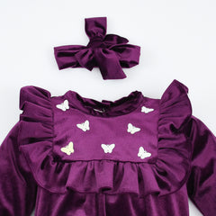 Baby Girl Velvet Jumpsuits Infant Newborn Frilled Butterfly Decorated Romper Headband Dress