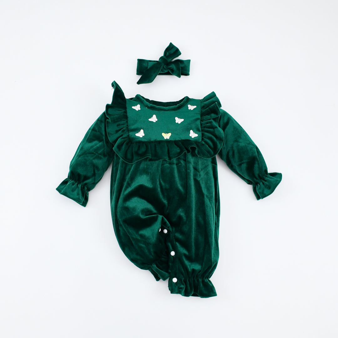 Baby Girl Velvet Jumpsuits Infant Newborn Frilled Butterfly Decorated Romper Headband Dress