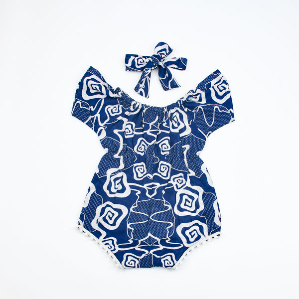 Unique Print Off Shoulder Baby Girl Romper Bodysuit Headband Set