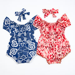 Unique Print Off Shoulder Baby Girl Romper Bodysuit Headband Set