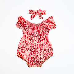 Unique Print Off Shoulder Baby Girl Romper Bodysuit Headband Set