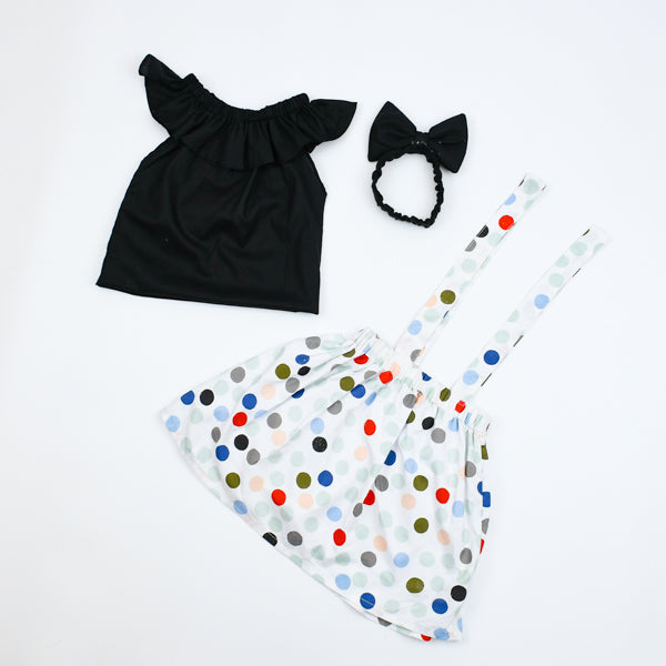 Off Shoulder Top Polka Dots Suspender Skirt Bowtie Headband 3 Piece Baby Girl Toddler Girl Dress
