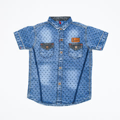 Denim Dotted Pattern Half Sleeves Boys Cotton Shirt