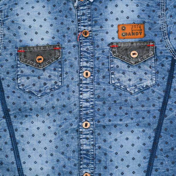 Denim Dotted Pattern Half Sleeves Boys Cotton Shirt