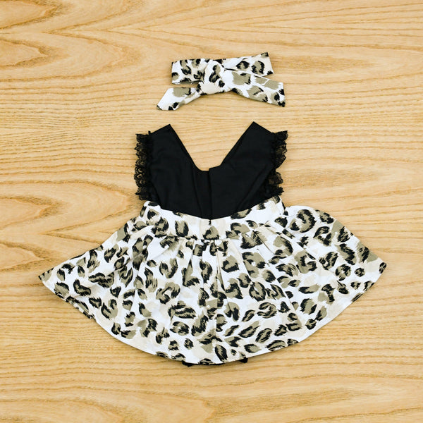 Leopard Print Frock Style Baby Girl Romper Headband Set