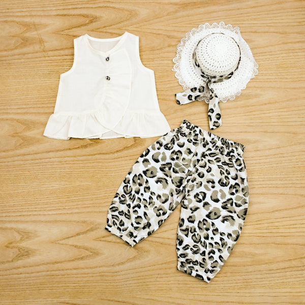 Leopard Print Pants Sleeveless Cross Frill Top With Hat 3 Piece Baby Girl Toddler Girl Dress