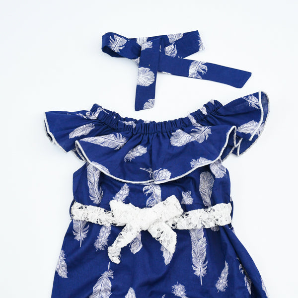 Leafy Print Off Shoulder Baby Girl Belted Romper Bodysuit Headband Set