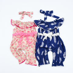 Leafy Print Off Shoulder Baby Girl Belted Romper Bodysuit Headband Set