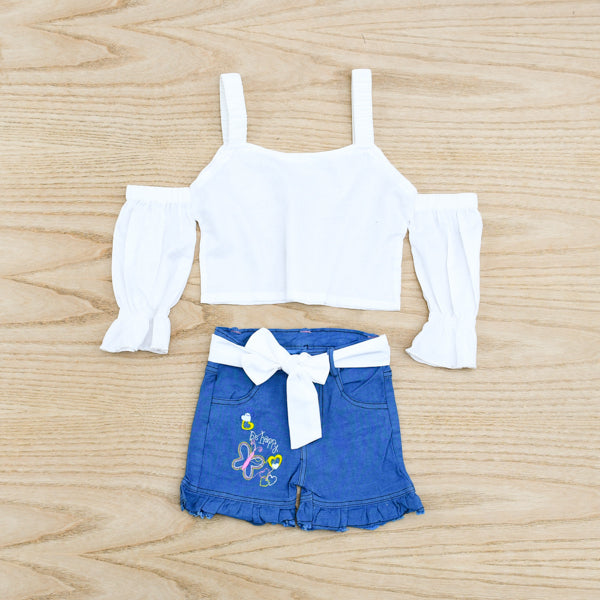 Cold Shoulder Flounce Sleeves Top Embroidered Denim Shorts Piece