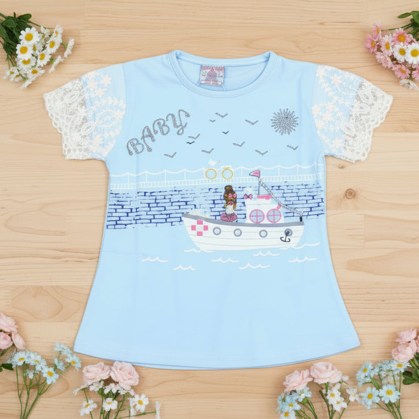 Light blue t-shirt with a boat and child graphic