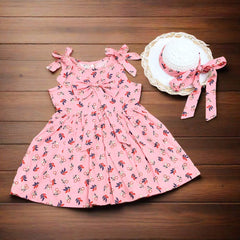 Printed Floral Tie knot Shoulders Sleeveless Front Bow Frock With Summer Hat