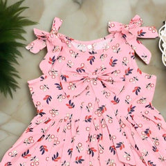 Printed Floral Tie knot Shoulders Sleeveless Front Bow Frock With Summer Hat