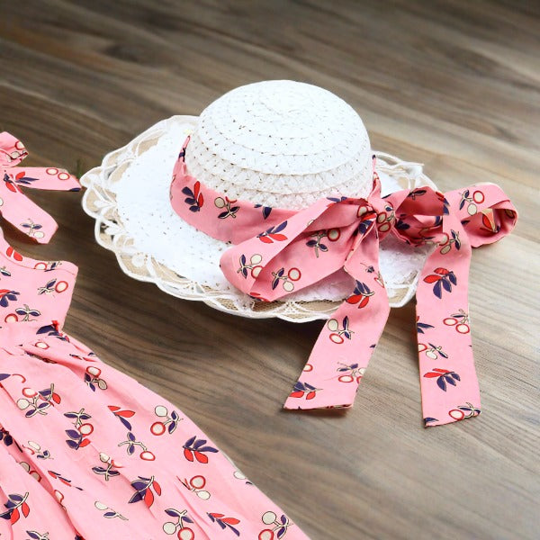 Printed Floral Tie knot Shoulders Sleeveless Front Bow Frock With Summer Hat