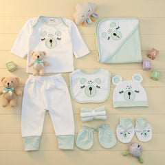 Collection of baby clothing items with bear designs