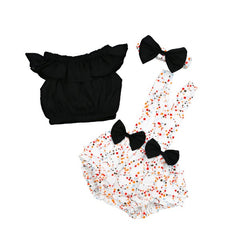 Ruffle Trim Top & Multicolor Print Dots Suspender Shorts Headband Girls 3 Piece Set