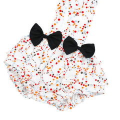 Ruffle Trim Top & Multicolor Print Dots Suspender Shorts Headband Girls 3 Piece Set