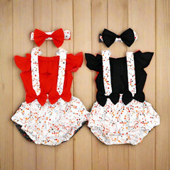 Ruffle Trim Top & Multicolor Print Dots Suspender Shorts Headband Girls 3 Piece Set