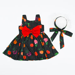 Sleeveless Printed Knee Length Big Back Bow Girls Summer Frock Hat Dress