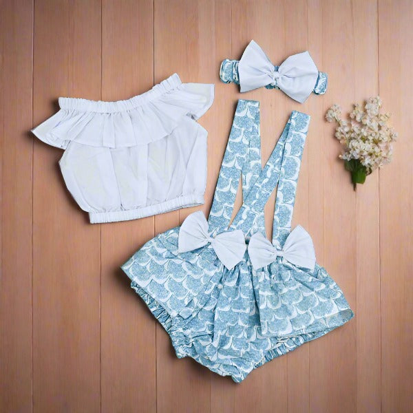 Ruffle Trim Top & Leafy Print Suspender Shorts Headband Girls 3 Piece Set