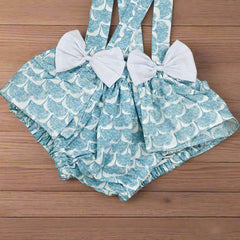 Ruffle Trim Top & Leafy Print Suspender Shorts Headband Girls 3 Piece Set