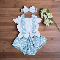 Ruffle Trim Top & Leafy Print Suspender Shorts Headband Girls 3 Piece Set