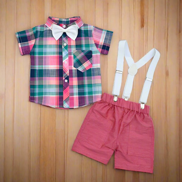 Check Pattern Bow Tie Shirt Stripes Shorts Suspender Set Baby Boy Toddler Boy Dress