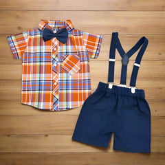 Check Pattern Bow Tie Shirt Stripes Shorts Suspender Set Baby Boy Toddler Boy Dress