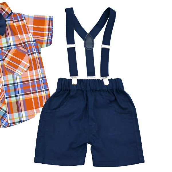 Check Pattern Bow Tie Shirt Stripes Shorts Suspender Set Baby Boy Toddler Boy Dress