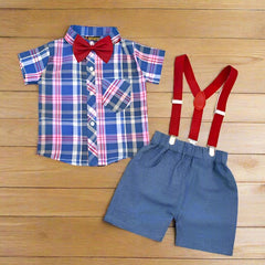 Check Pattern Bow Tie Shirt Stripes Shorts Suspender Set Baby Boy Toddler Boy Dress