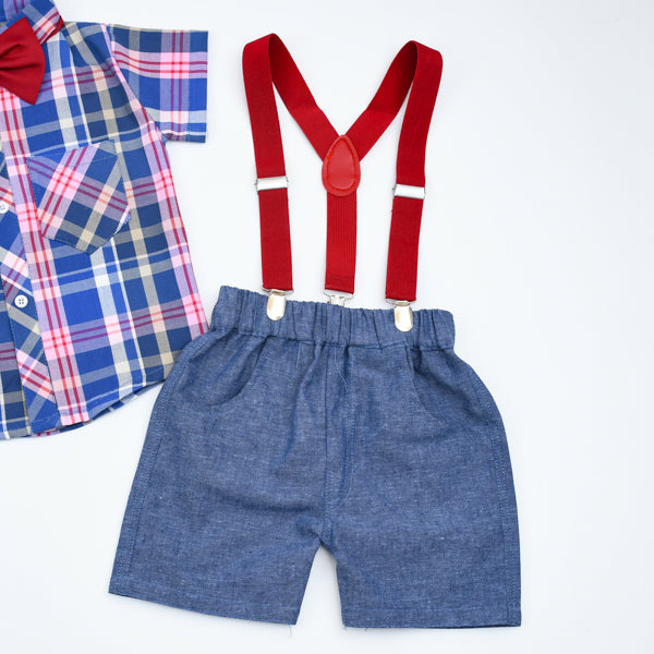 Check Pattern Bow Tie Shirt Stripes Shorts Suspender Set Baby Boy Toddler Boy Dress