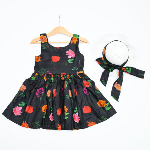 Sleeveless Printed Knee Length Big Back Bow Girls Summer Frock Hat Dress