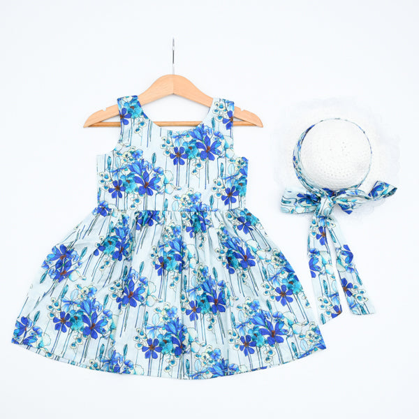 Sleeveless Printed Knee Length Big Back Bow Girls Summer Frock Hat Dress