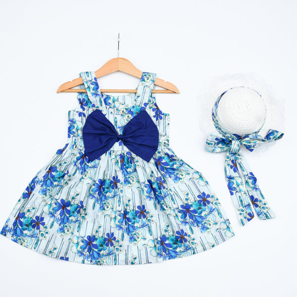 Sleeveless Printed Knee Length Big Back Bow Girls Summer Frock Hat Dress