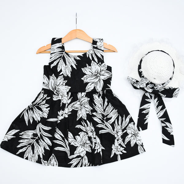 Sleeveless Printed Knee Length Big Back Bow Girls Summer Frock Hat Dress