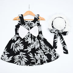 Sleeveless Printed Knee Length Big Back Bow Girls Summer Frock Hat Dress