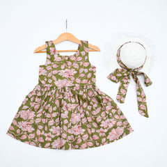 Sleeveless Printed Knee Length Big Back Bow Girls Summer Frock Hat Dress