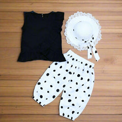 Cross Front Ruffle Top Polka Dots Pants With Hat 3 Piece Girl Summer Dress