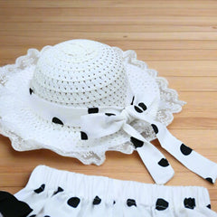 Cross Front Ruffle Top Polka Dots Pants With Hat 3 Piece Girl Summer Dress