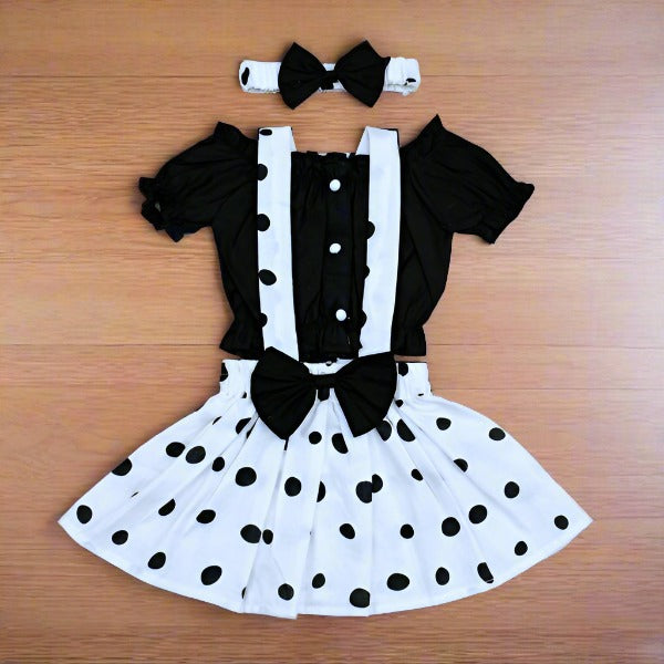 Off Shoulder Top Polka Dots Suspender Skirt Headband 3 Piece Girl Summer Dress