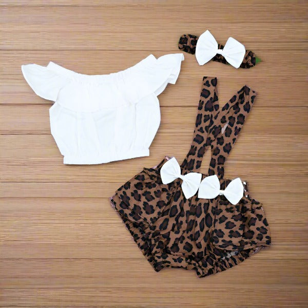 Ruffle Trim Top & Cheeta Print Dots Suspender Shorts Headband Girls 3 Piece Set