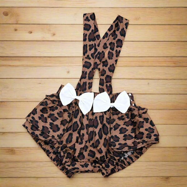 Ruffle Trim Top & Cheeta Print Dots Suspender Shorts Headband Girls 3 Piece Set