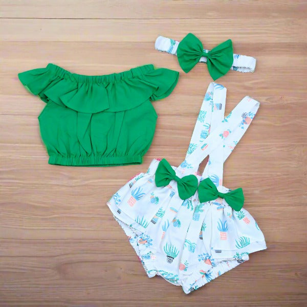 Ruffle Trim Top & Cactus Print Dots Suspender Shorts Headband Girls 3 Piece Set