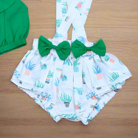 Ruffle Trim Top & Cactus Print Dots Suspender Shorts Headband Girls 3 Piece Set