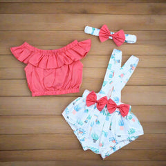 Ruffle Trim Top & Cactus Print Dots Suspender Shorts Headband Girls 3 Piece Set