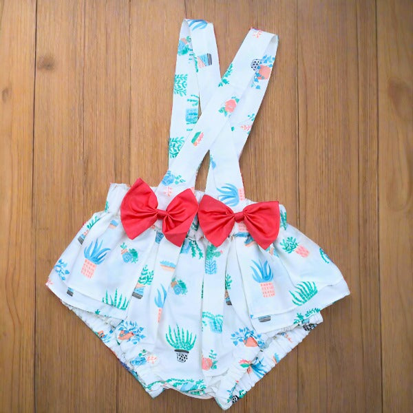 Ruffle Trim Top & Cactus Print Dots Suspender Shorts Headband Girls 3 Piece Set