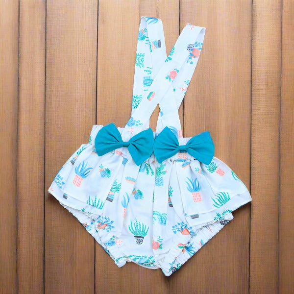 Ruffle Trim Top & Cactus Print Dots Suspender Shorts Headband Girls 3 Piece Set