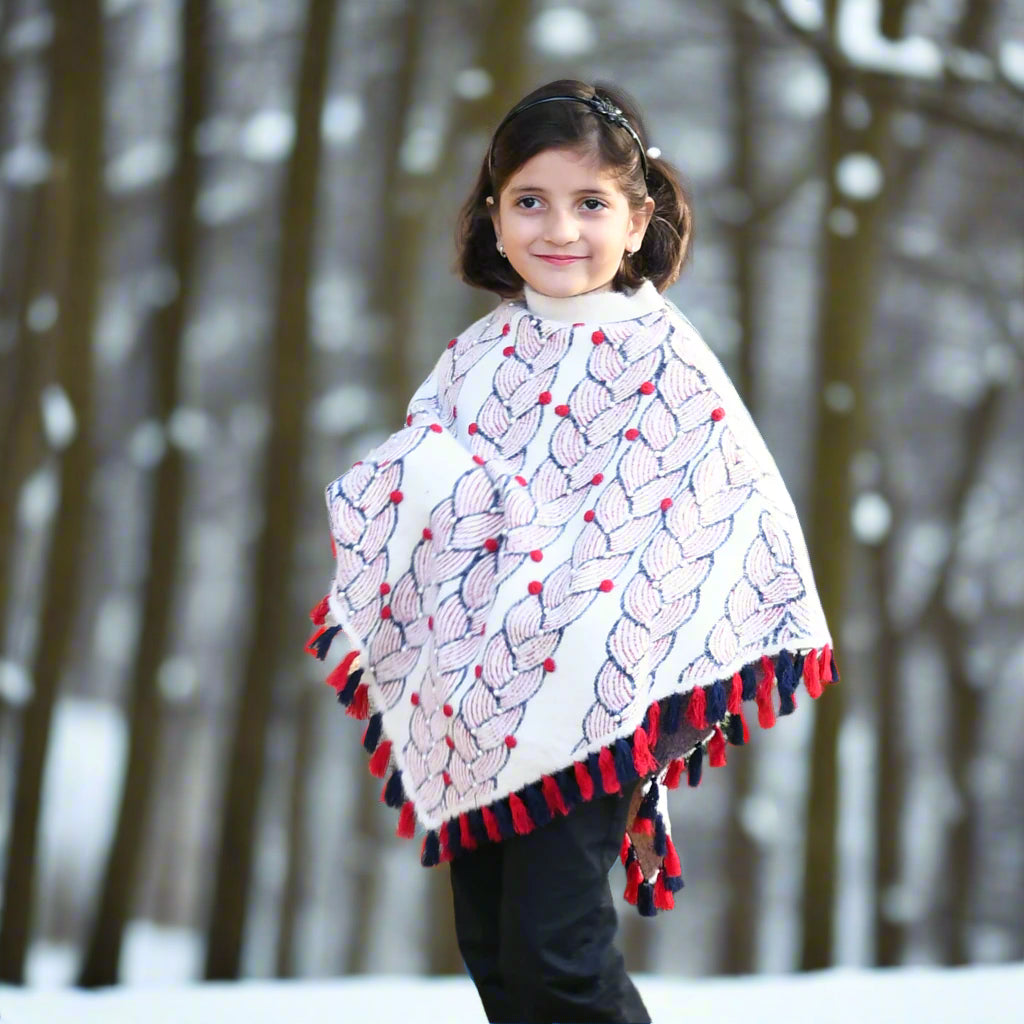 Superior Quality Lamb Wool Round Neck Girls Cape Shawl with Tassels